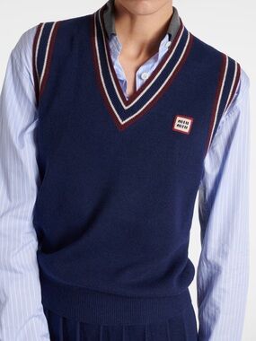 Miu Miu Navy V‑Neck Wool-Cashmere Sweater Vest with Stripe Trim